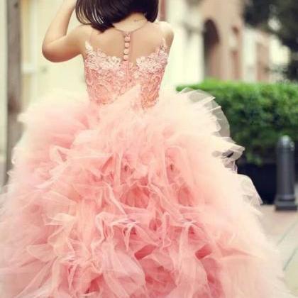 Round Neck Pink Tulle Dress Ball Gown Lace Dress..