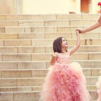 Round Neck Pink Tulle Dress Ball Gown Lace Dress..
