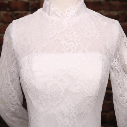 Long Sleeved High Collar White Lace..