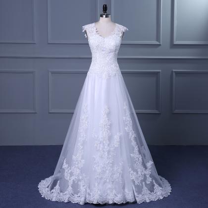 White Lace Applique Wedding Dress With V-neck And..
