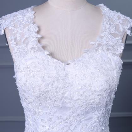 White Lace Applique Wedding Dress With V-neck And..