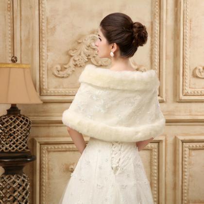 Women's White/ivory Cape Winter Warm Faux Fur Wrap Shrug Coat Bridal ...
