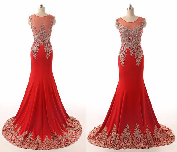 Red Mermaid Evening Dresses Tank Sheer Back Crystals Appliques Floor Length Chapel Train Evening Gown Custom Made Pageant Dress