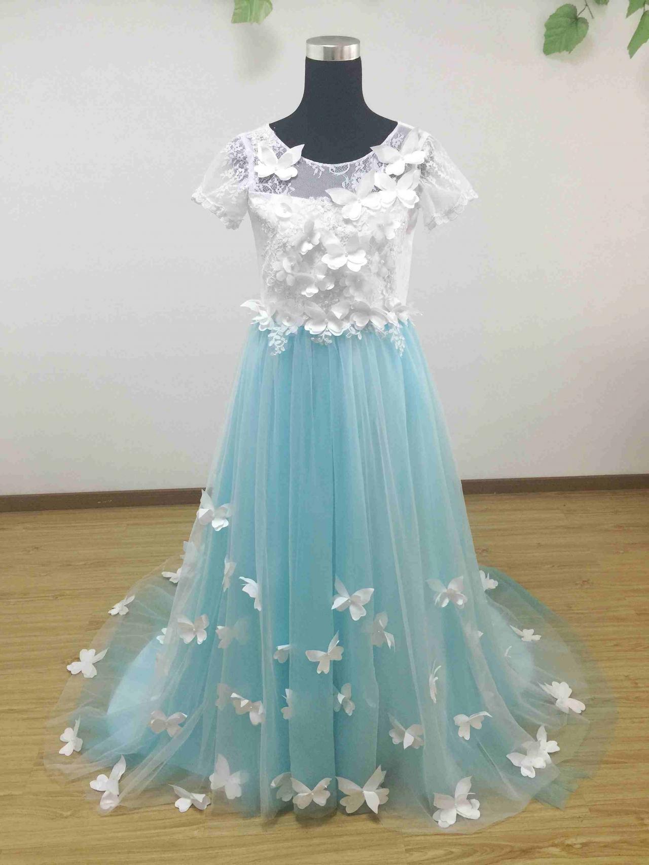 Real Photo Flower Girl Dresses Rund Neck Short Sleeves Lace Bodice With Butterfies A-line Floor Length Kid's Formal Dress Evening Gown