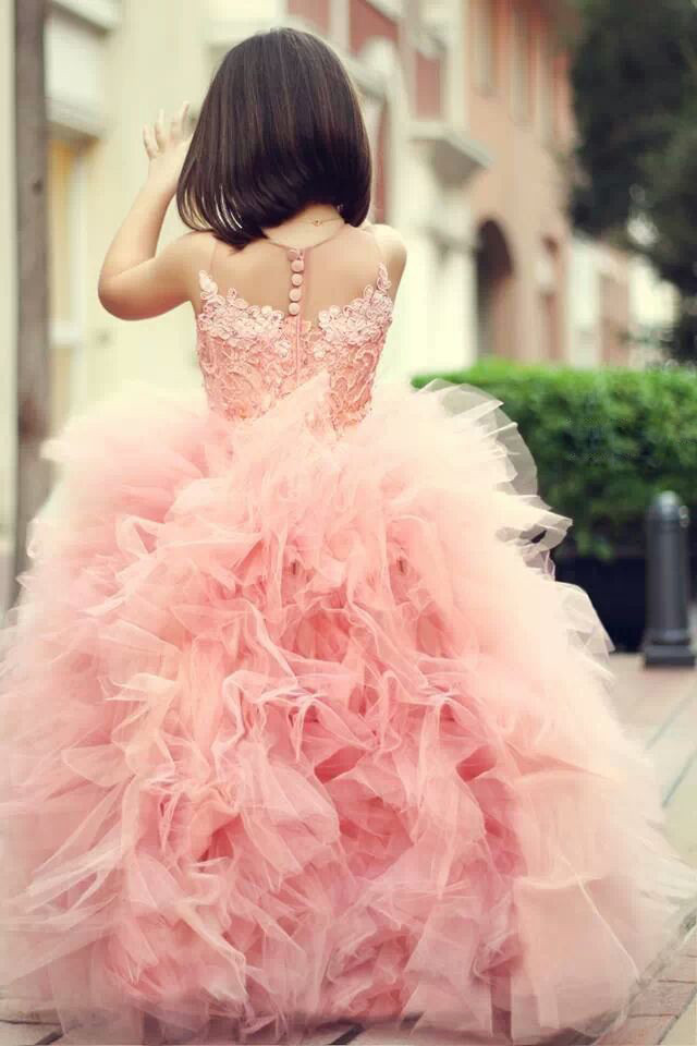 Round Neck Pink Tulle Dress Ball Gown Lace Dress Girls Pageant Dresses First Commision Dresses Illusion Neck Formal Dress