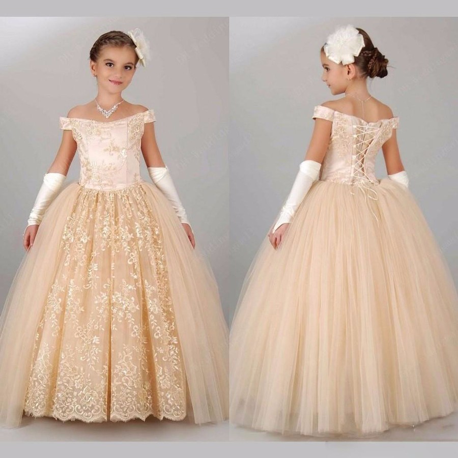 Off-the-shoulder Girls Evening Dress Evening Dresses Champagne Prom Gown First Commision Dresses Lace Dress Ball Gown Dress Princess Dresses