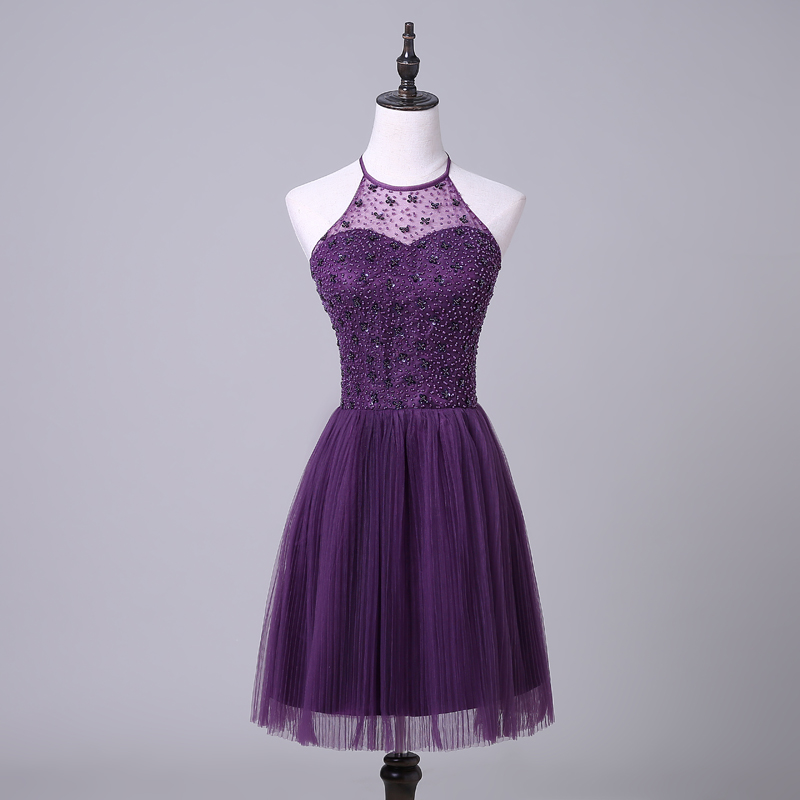 Purple Halterneck Short Homecoming Dress With Beaded Embellishment on ...