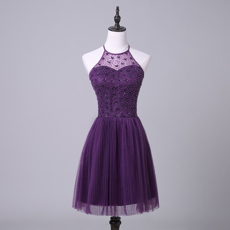 Purple Halterneck Short Dress With Beaded Embellishment on